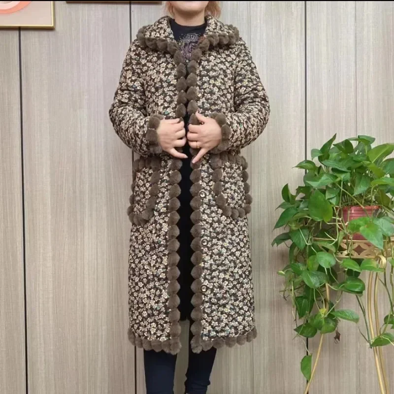 

Mom 2023 Autumn Winter Cotton Coat Long plush and Thick Warm Cotton Coat Middle aged Mom Thousand Bird Checker Cotton Coat Girl