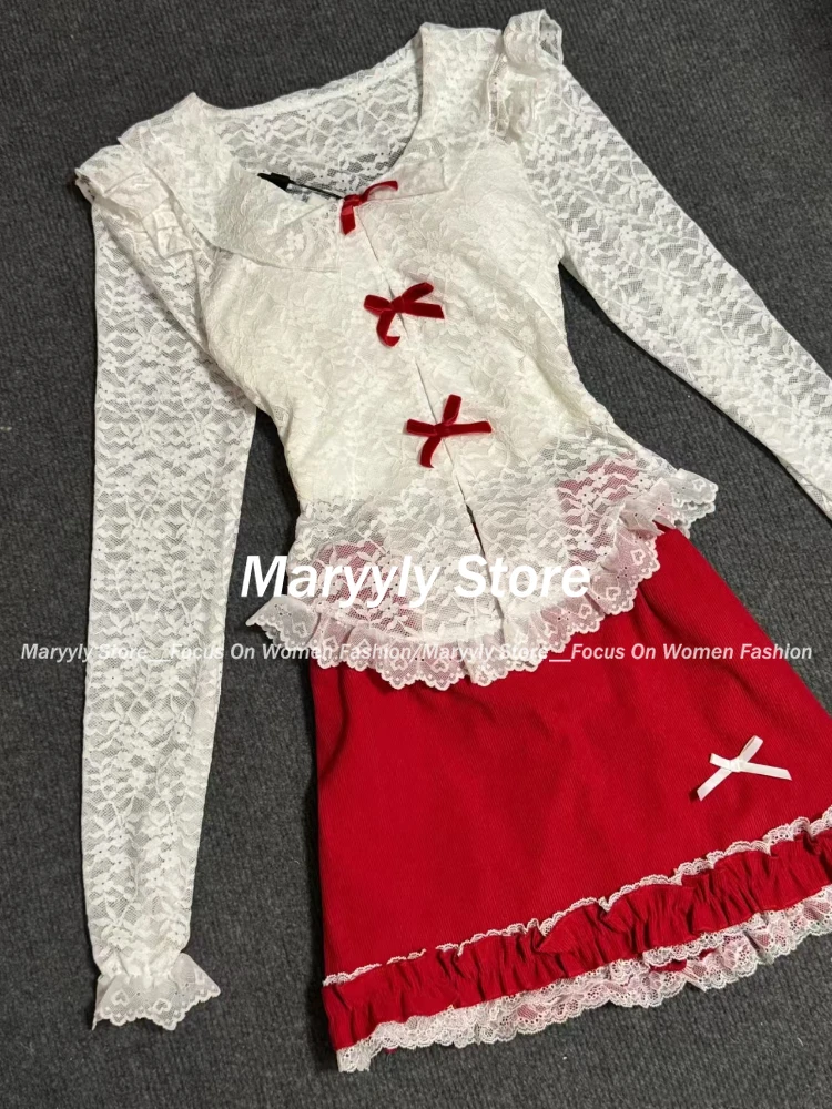 Elegant Sweet Bow 3 Piece Set Women Hot Girl Sexy Lace Tops + Casual Camisole + Y2k Mini Skirt Autumn New Retro Female Outfits