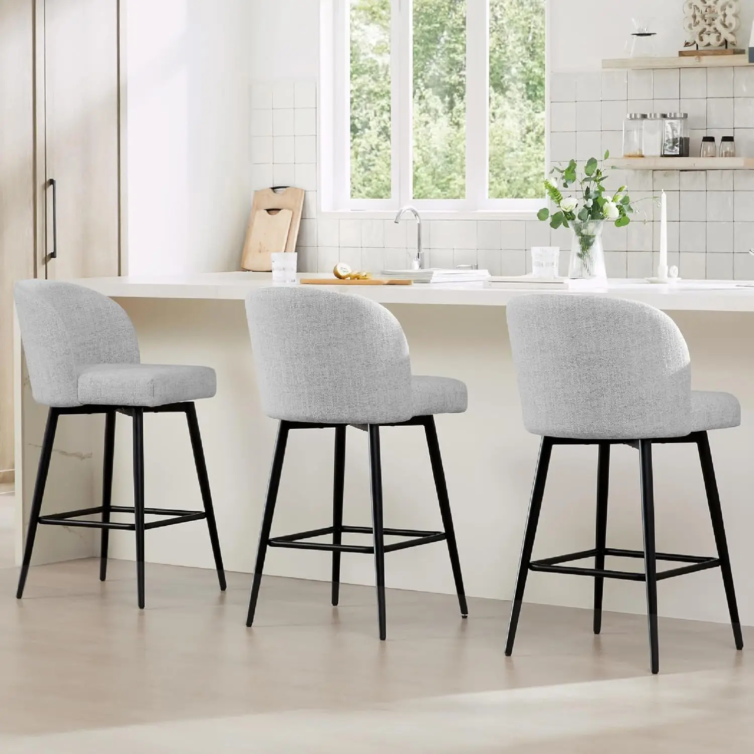 

Watson & Whitely Counter Height Bar Stools Set of 3, 360° Swivel Upholstered Barstools with Backs and Metal Legs, 26" H Seat