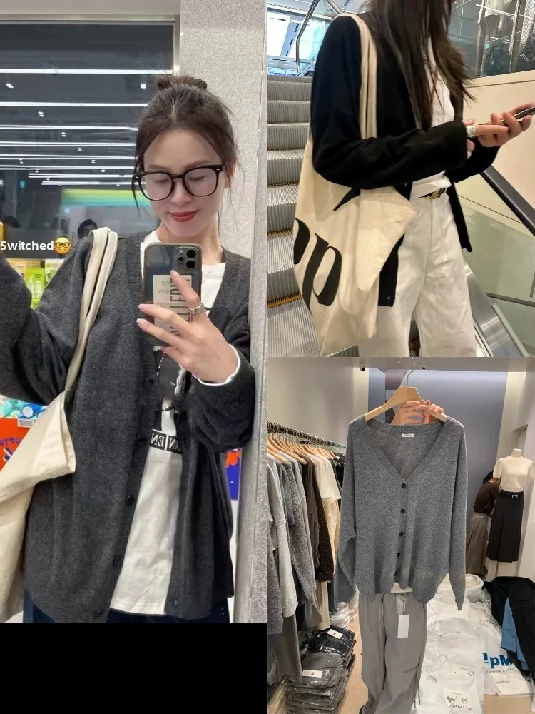 

Knitted V-Ne Open Cardigan Loose Fit Gentle Sle Spring 2025 Women's Long Sve Pure Color Button up Top