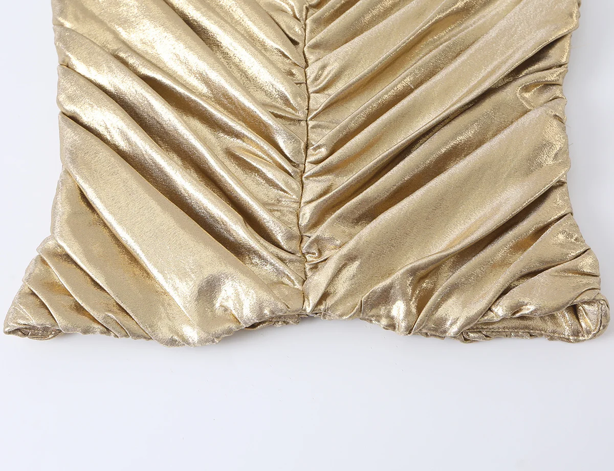 TFMLN 2026 Damen Glänzendes Gold Gerafftes Top Modisches Diagonal Plissiertes Ärmelloses Trägerloses Crop-Top Damen Abend-Partykleidung – Detail 8