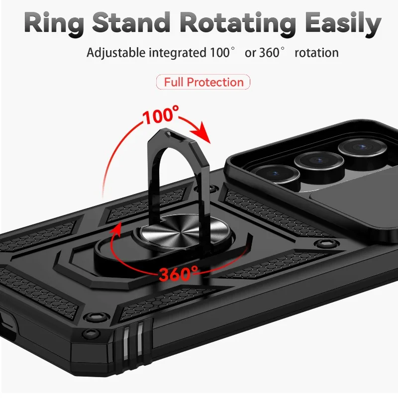 Stand Rotating Slide Camera Lens Military Grade Armor Case For Samsung S25 S24 S23 S22 S21 FE S20 Plus Note 20 Ultra M53 M33 A34