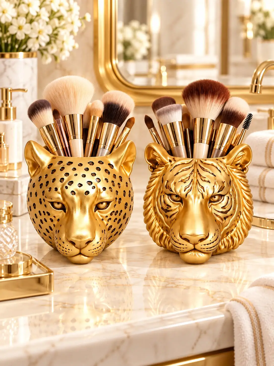 1pc Gold Leopard Or Tiger Head Makeup Brush Holder, Luxury Resin Animal Organizer Cup, Glam Vanity Storage For Cosmetic Brushes, Combs, Eyebrow Pencils, Bathroom Countertop, Dressing Table, Bedroom Decor, Modern Home Decor, Unique Gift For Women