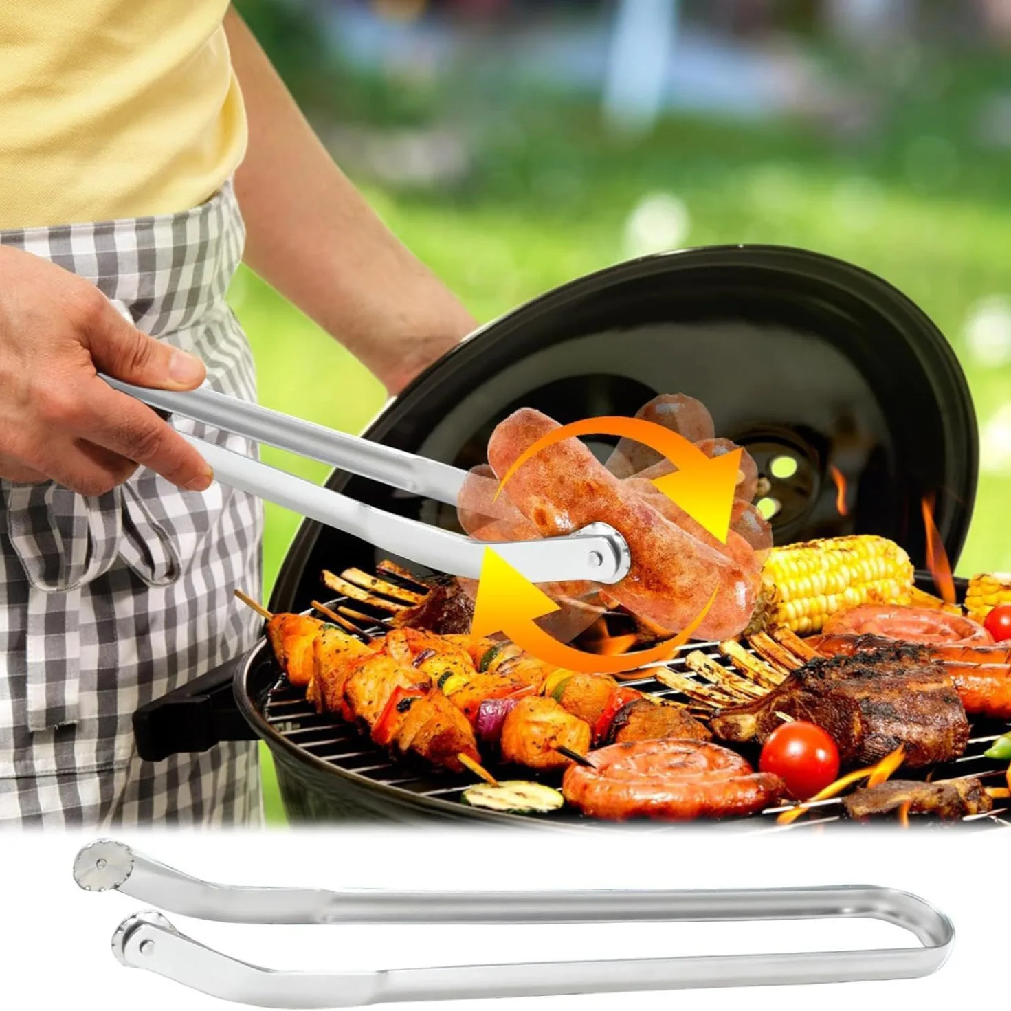 Stainless Steel BBQ Sausage Turning Tongs Accessory Beef Camping Meat Food Grill Outdoor Swivel Skewer Cooking BBQ Tools