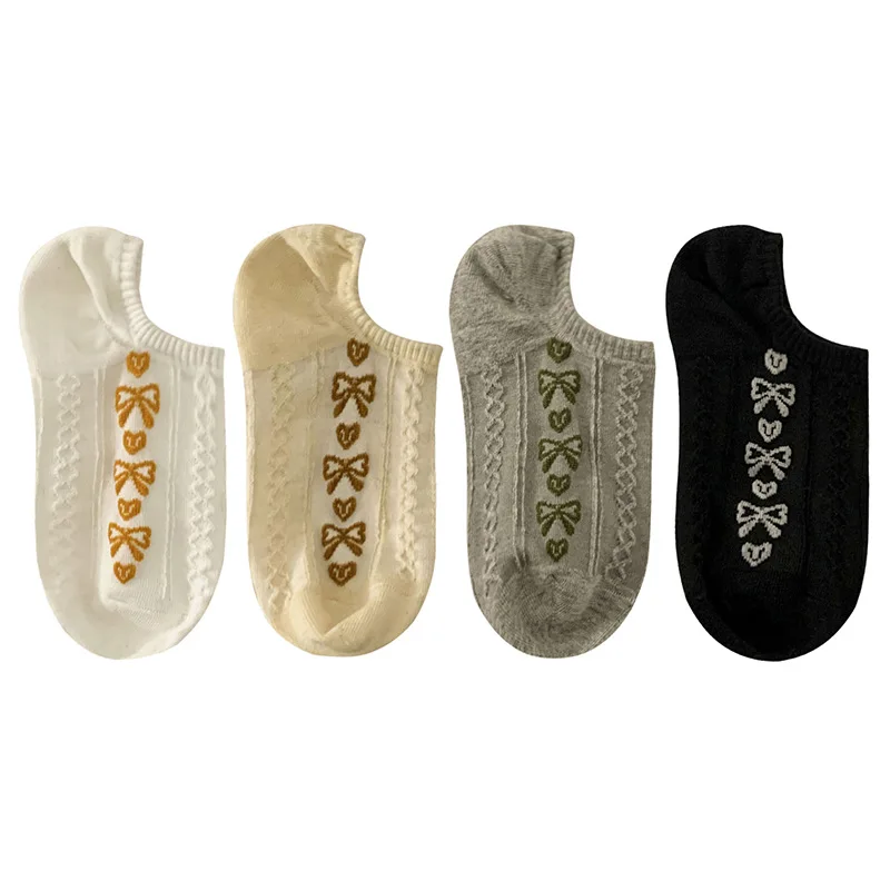 Calcetines de barco de malla transpirable para mujer, medias invisibles antideslizantes de silicona con boca poco profunda, con flores en relieve, 4 pares