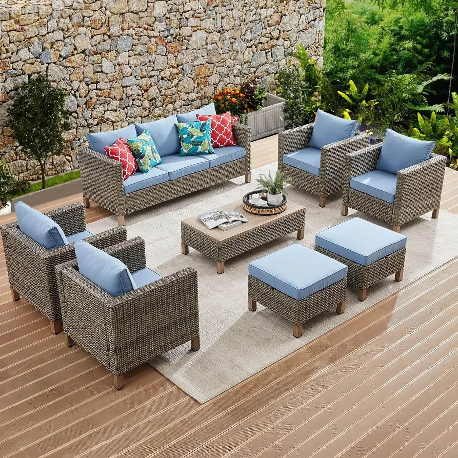 8 Pieces Patio Furniture Sets with Metal Top Coffee Table,All Weather Wicker Rattan Sectional Sofa