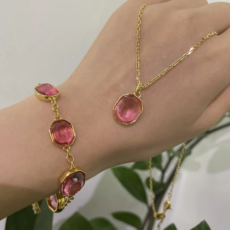 2026 New Trend Fine Jewelry Set Charming Gold Pink Blue Water Drop Crystal Fashion Necklace Bracelet Ring Earring Gift for Women view 2