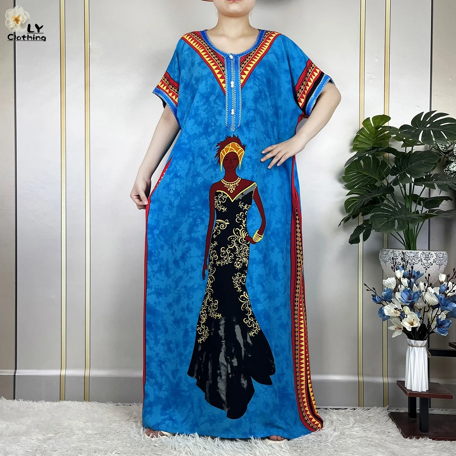 2023 New African Style Short Sleeve Dresses Cotton Pattern Printing Muslim Loose Robe Women Elegant Dress African Abaya Clothes