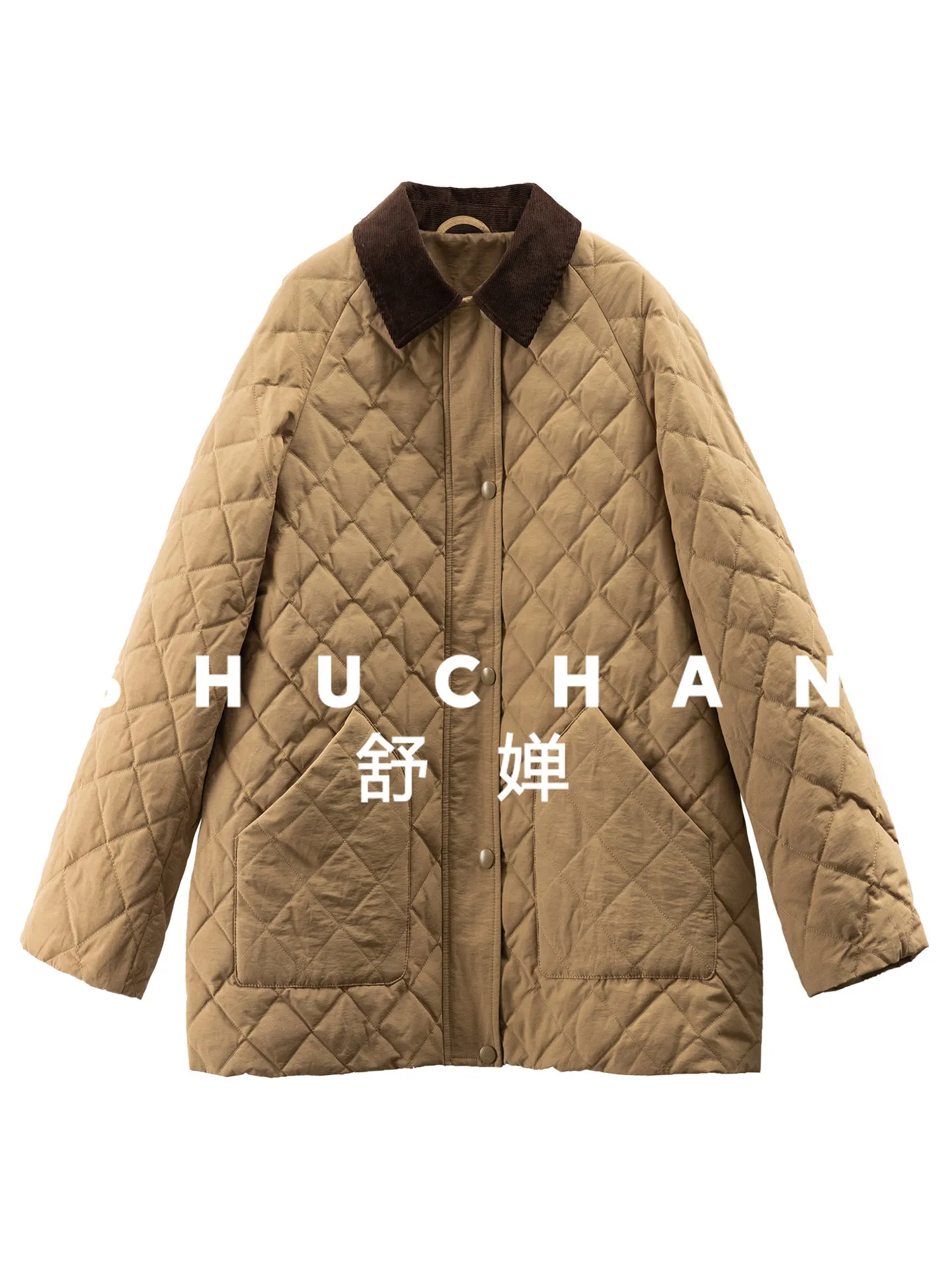 

Retro Foreign Style English Rhombus Quilting Contrasting Color Corduroy Collar 90 Down Jacket Women 59I4