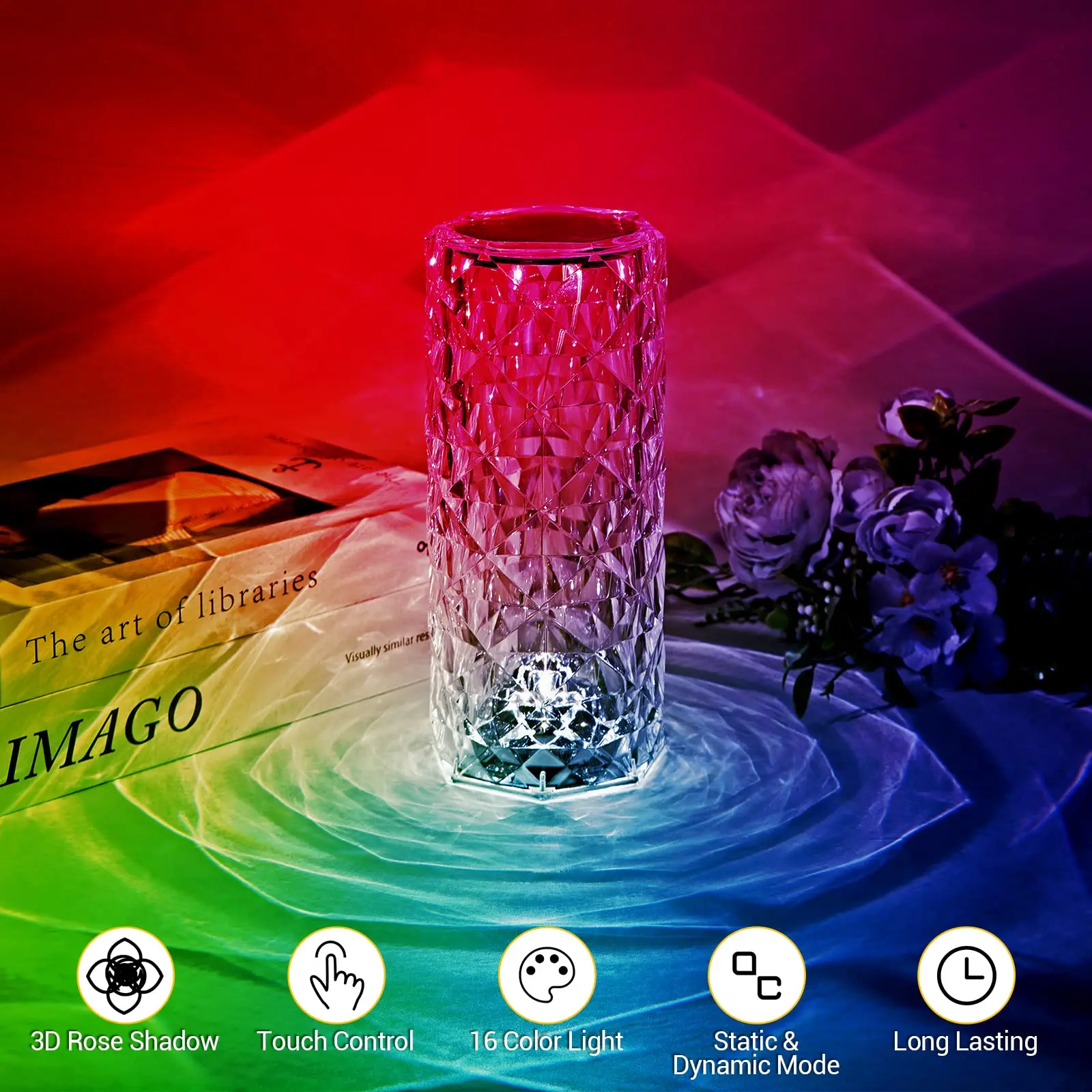 Imagem -03 - Touch Control Rose Table Lamp Led Night Light Rgb Diamond Touch Lamp For Bedroom Presente de Aniversário 16 Cores