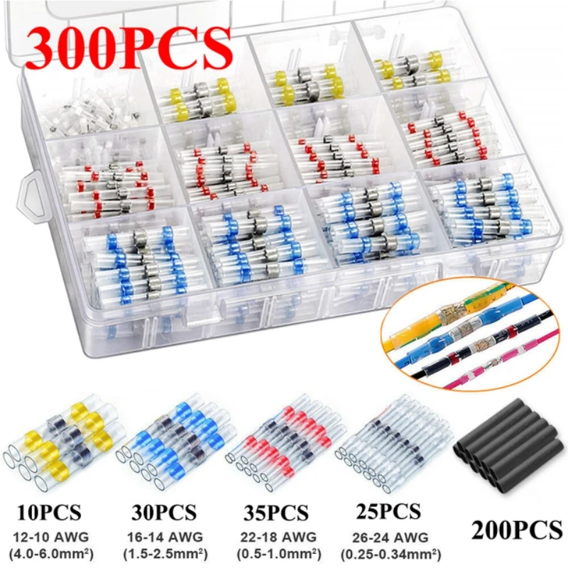 300PCS welded sealed wire connectors, heat-shrinkable butt connectors, waterproof and insulated wire terminals, butt splices