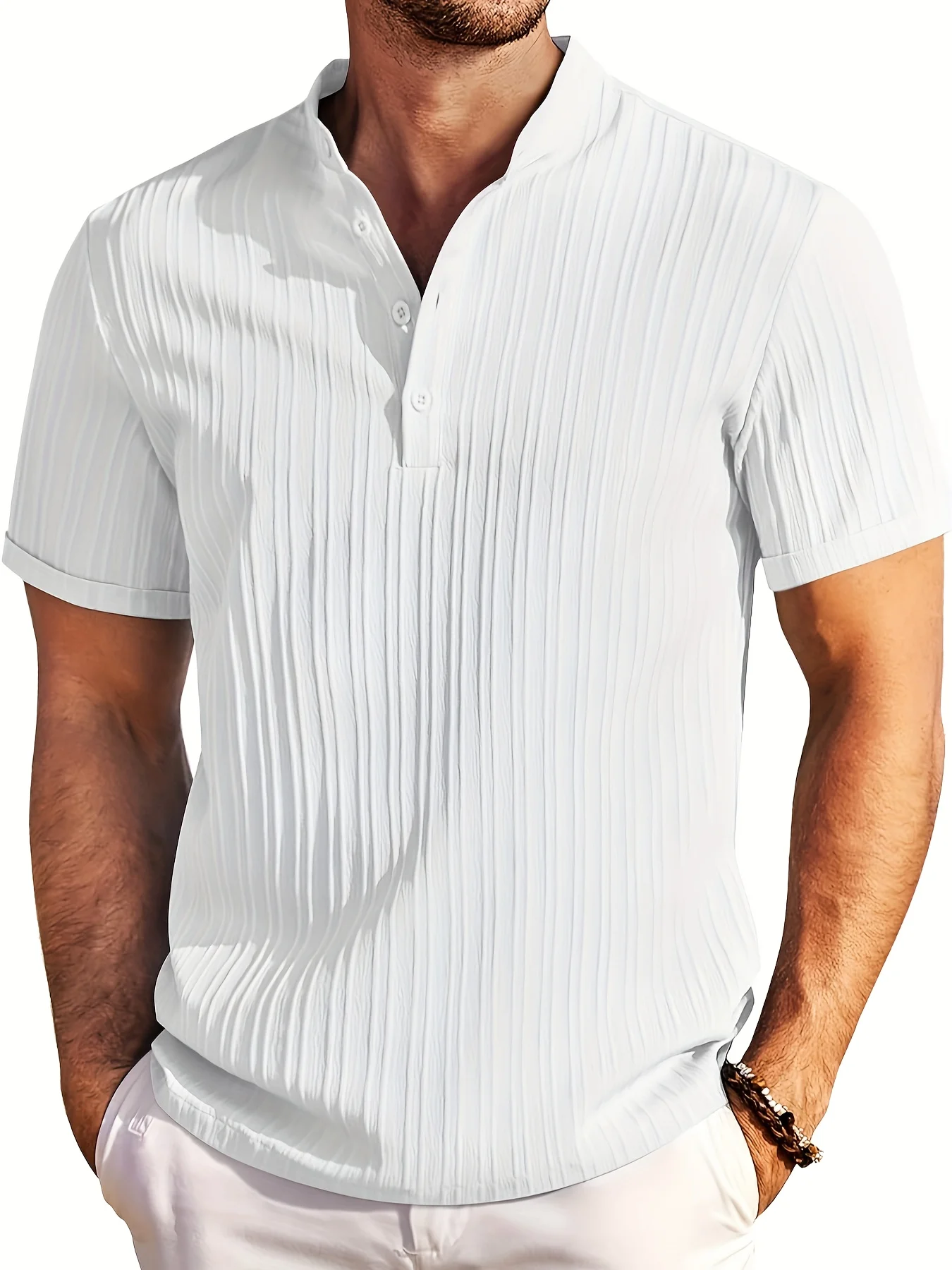 Summer New Men's Fashion Stand Collar Solid Color Embroidered Shirt Casual Sports