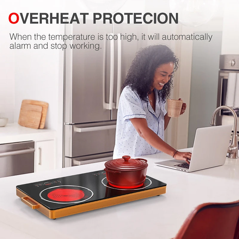 T04 High-power, rapid heating, double-head electric ceramic stove, suitable for any high-temperature pots, knob control