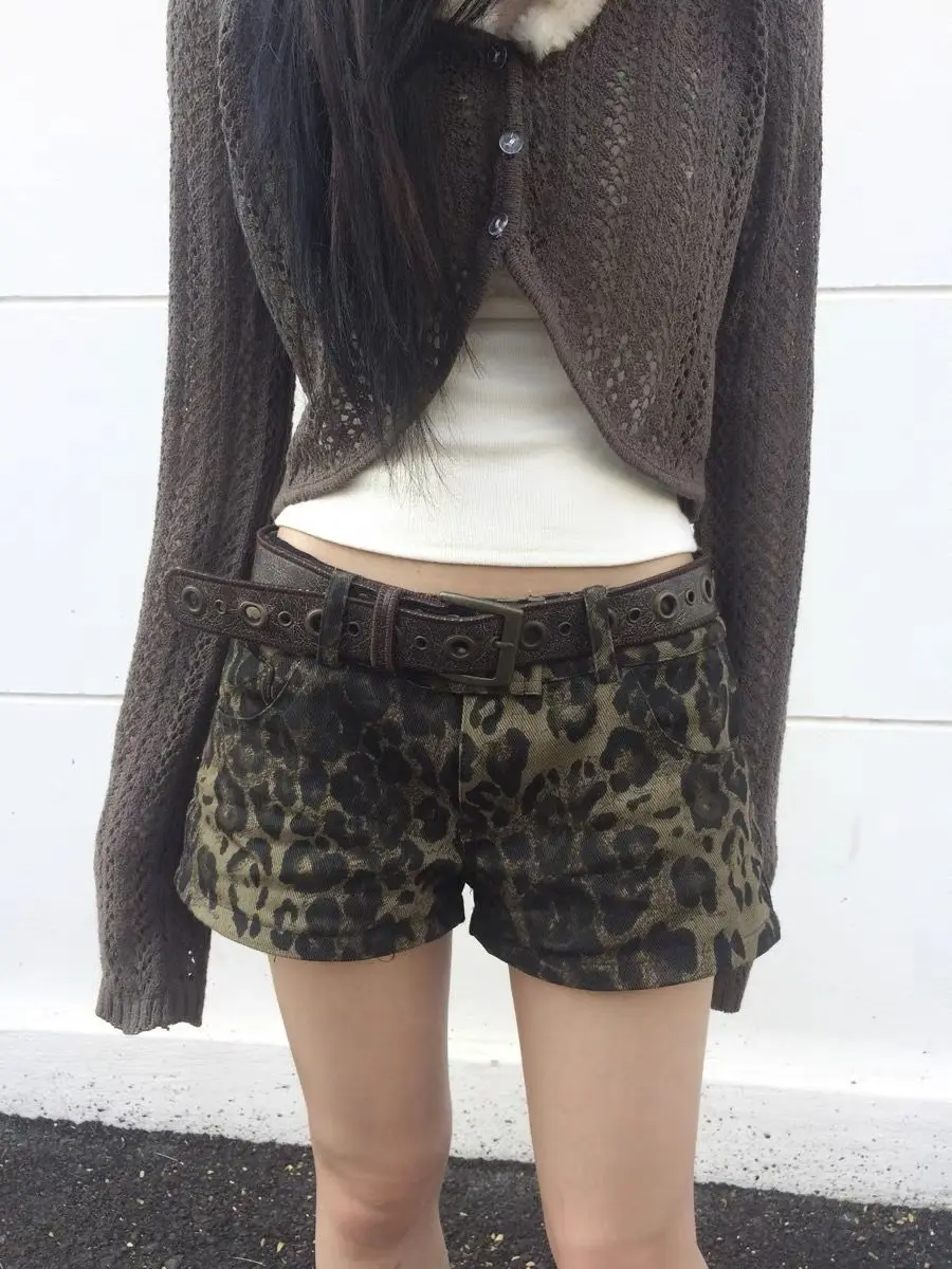 Low Waist American Retro Hottie Leopard Print Casual Shorts Women's Versatile Slim Fit