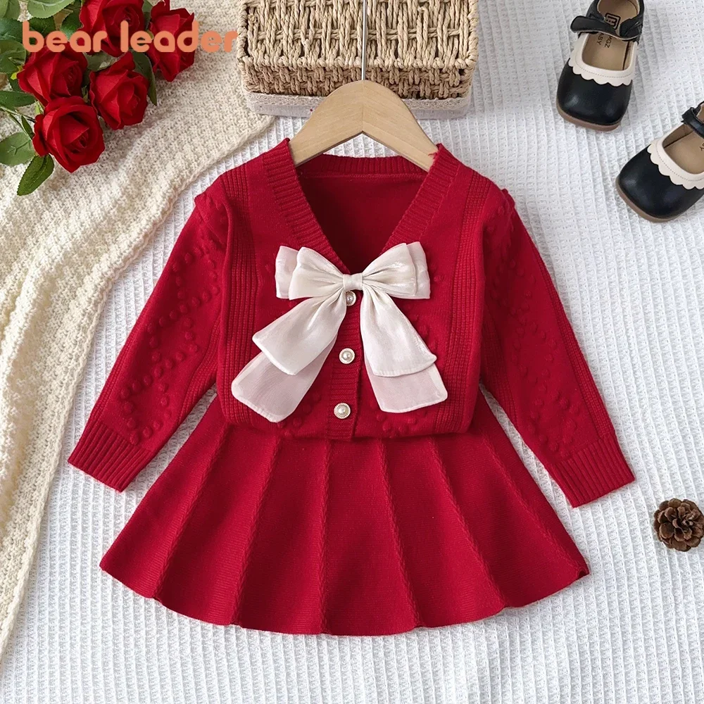 Bear Leader Kids Clothes Girls V-neck Bow Sweater Top+pleated A-line Skirt 2-piece Sets Red New Year Christmas Winter Set