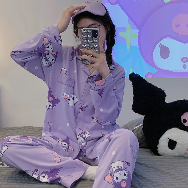 Sanrio Kuromi benim melodi pijama Y2k bahar sonbahar Kawaii Cinnamoroll Pom Pom Purin karikatür uzun kollu ev giysileri takım kadınlar