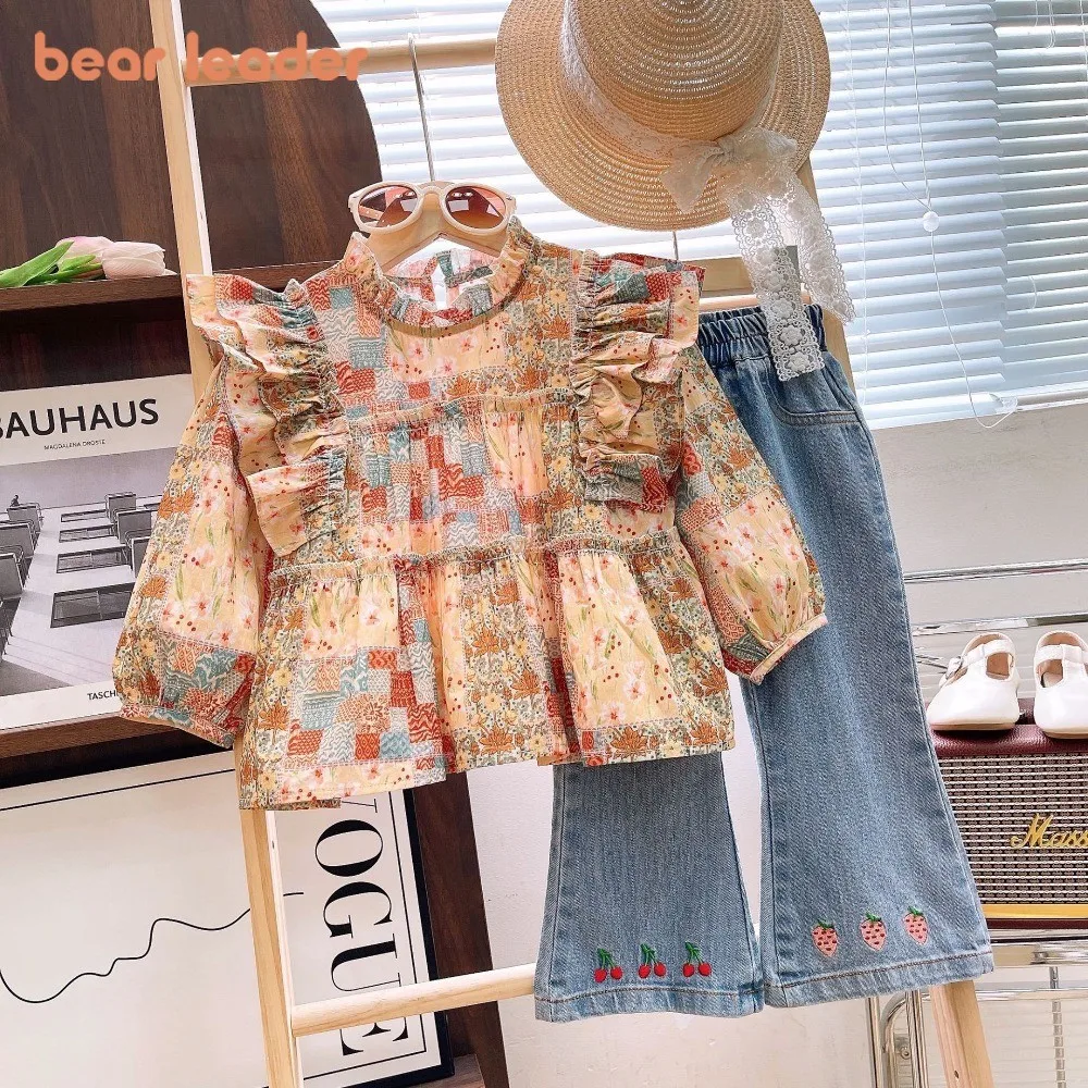 

Bear Leader Khaki Retro Printed Korean Style Girls Clothes Suit Doll Collar Long Sleeved Shirt Top+Embroidered Jeans 2 Piece Set