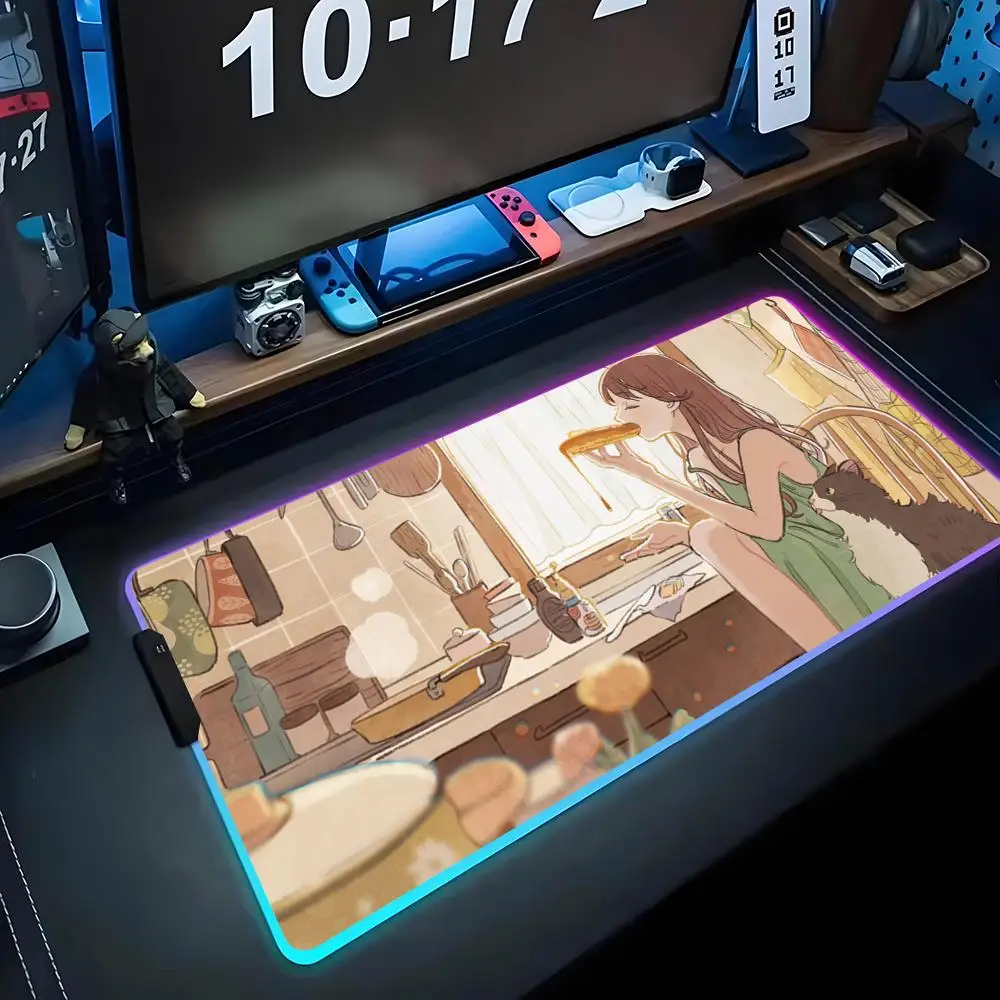 

Anime style girl and cat Mouse Pad RGB Gaming Mousepad Big LED Pad PC Desk Mat Luminous Mouse Pad Large Keyboard Mats Table Rug