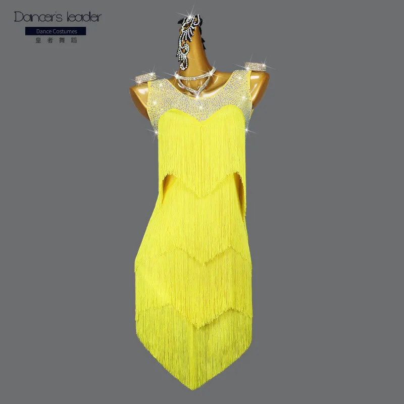High End Customized Latin Dance Double Line Encryption Tassel Handmade Diamond Chacha Tango Female Adult Stage Professional Suit
