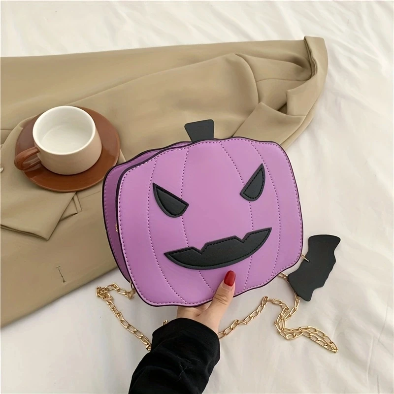 Bolsa de ombro em forma de abóbora para mulheres, bolsas engraçadas, corrente de metal Halloween, bolsa crossbody, trick or treat, meninas