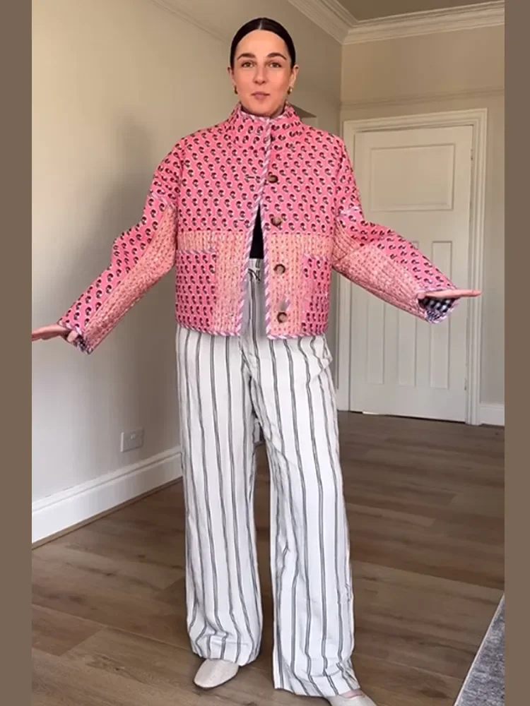 Abrigos cálidos de doble cara para mujer, abrigo grueso holgado de manga larga con botones estampados, prendas de vestir para mujer para Otoño e Invierno 2025