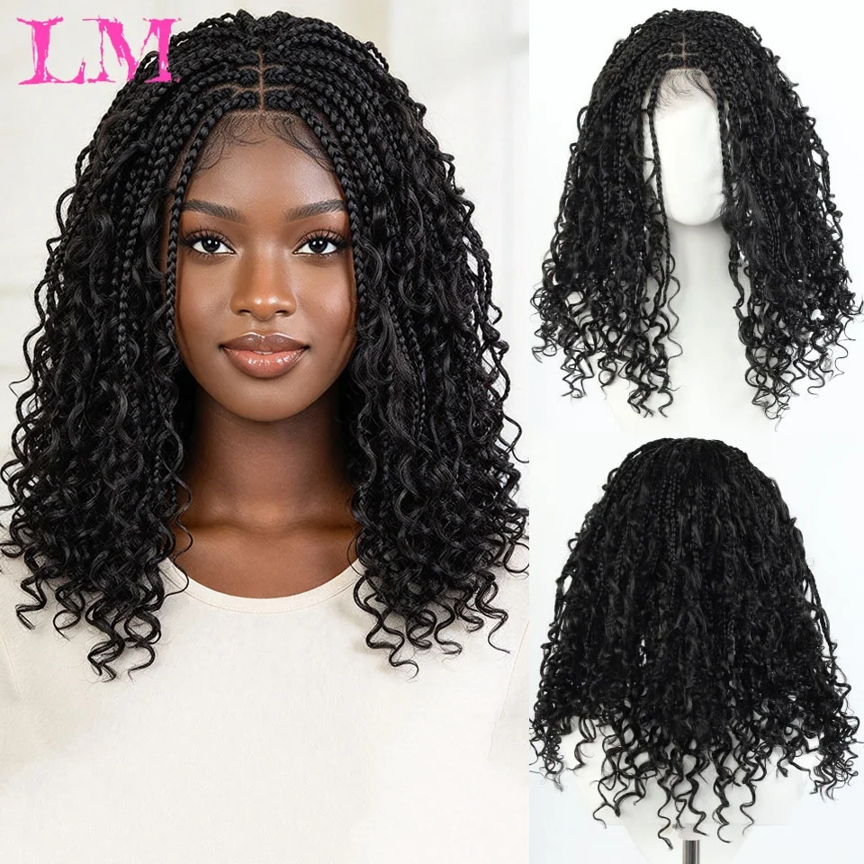 LM Synthetic Lace Front Braid Wig 16inch Curly Faux Locs Black Color Large Parting Space Twist Dreadlock Wigs for Black Women