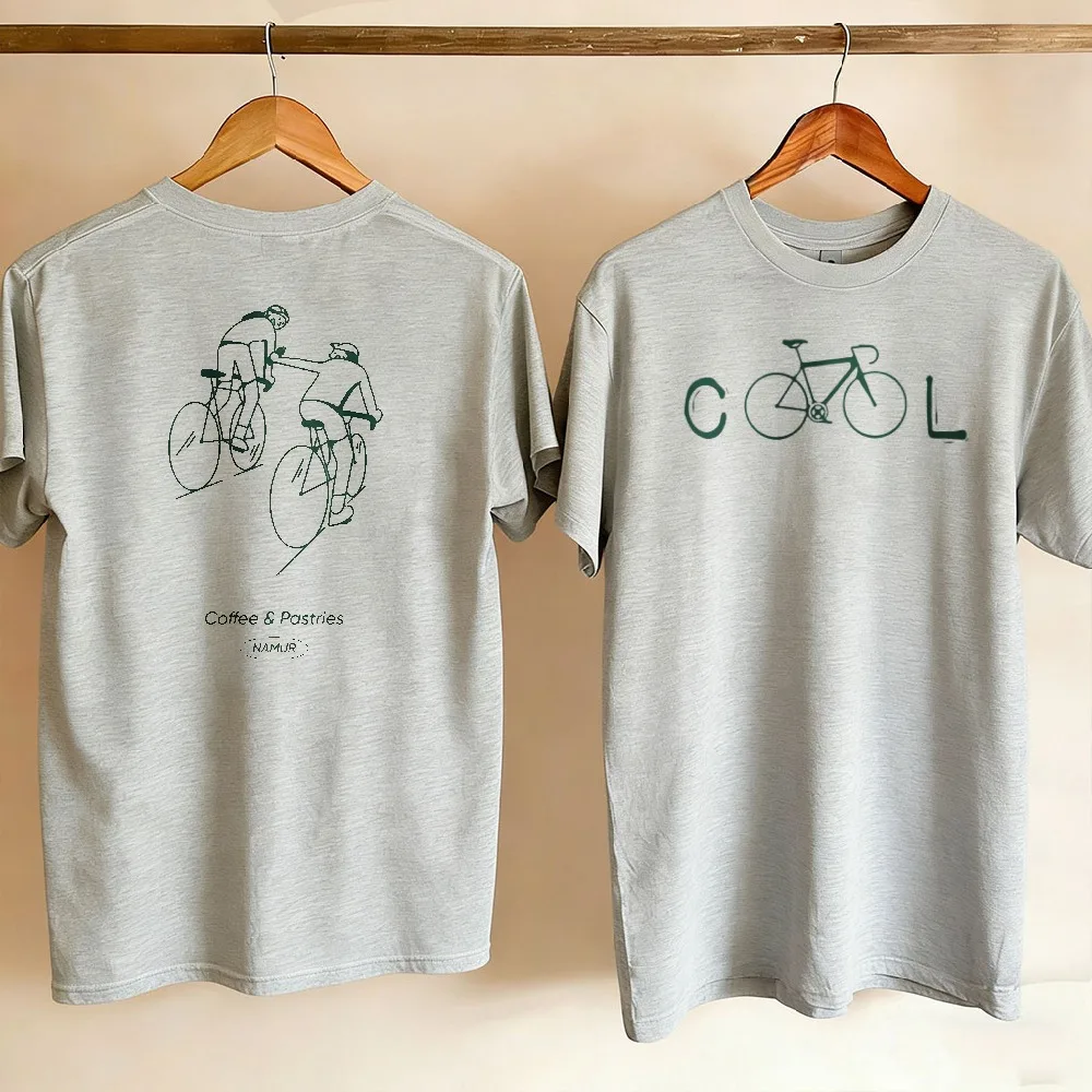 Couple Double Sided Print Crew Neck T Shirt Simple Cool Bike Pattern Front Two Cyclists Line Drawing Back Cotton Cycling Tops