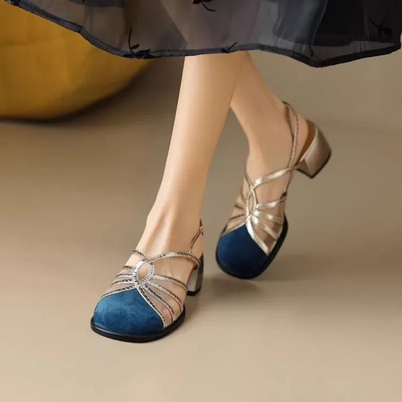 New Matching Color Round Head Sandals for Women Thin Belt Braided One Line Buckle Thick Heel Bun Head Roman Shoes