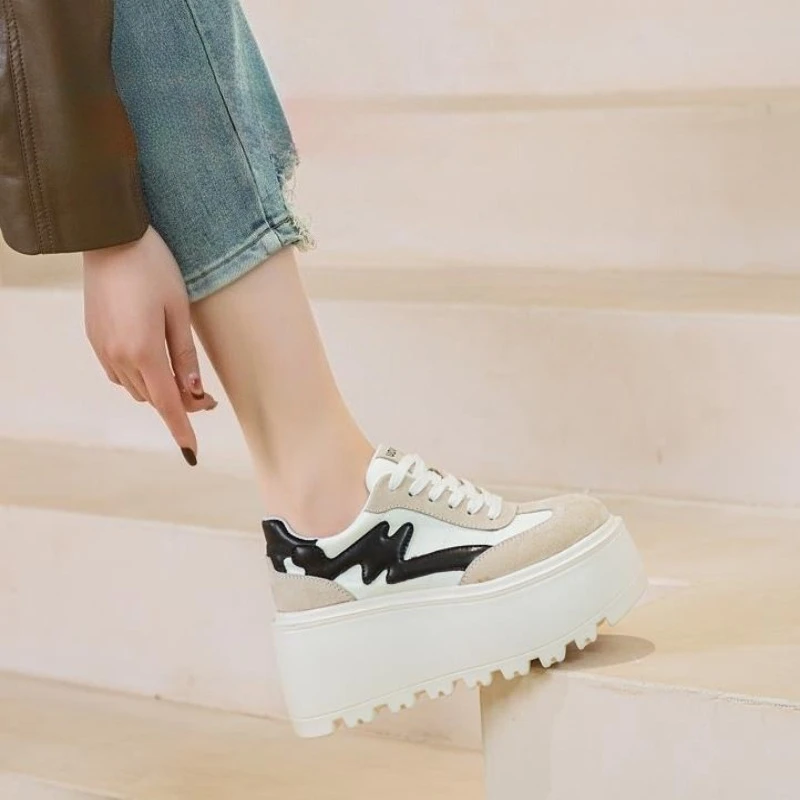 

New 8cm Genuine Leather Platform Wedge Chunky Sneaker Black Casual Comfort Skate Board Thick Soled New Spring Autumn Short boots