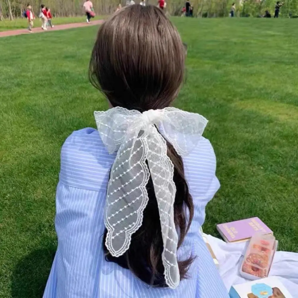 

New Lace Embroidery Hair Scarf Sweet Long Ribbon Hair Band Elegant Adjustable Bow Turban Headband French Style Hair Accessories