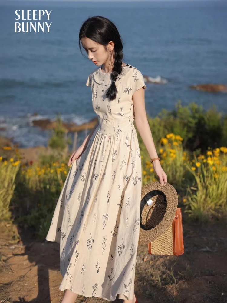 

Vintage Floral Print Dress Women Summer Short Sleeve High Waist Long Dress Slim Fit Elegant A-Line Swing Skirt Casual Vacation