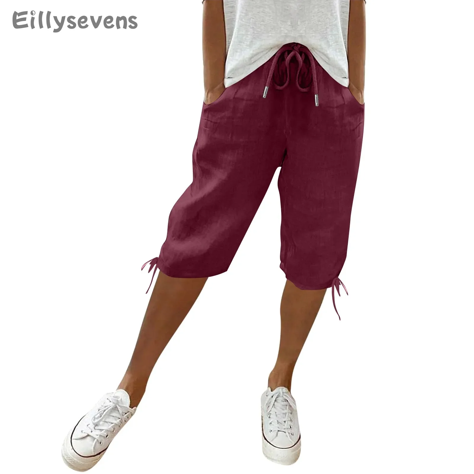 Women's Cotton and linen shorts Casual Pockets Elastic Drawstring Casual cozy Pants Leg Drawstring Five Pants pantalones cortos