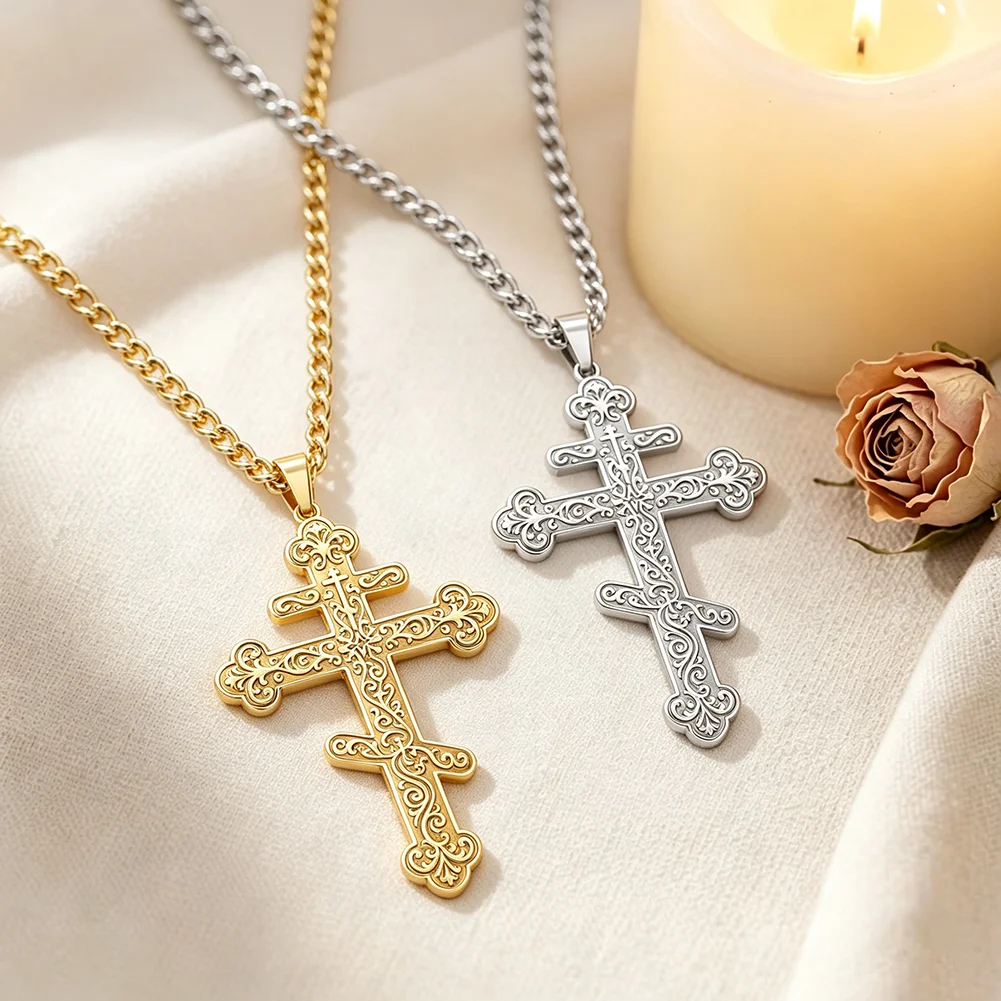 Orthodox Cross Pendant Necklace for Men Women Vintage Engraved Russian Orthodox Christian Cross Religious Faith Amulet Jewelry