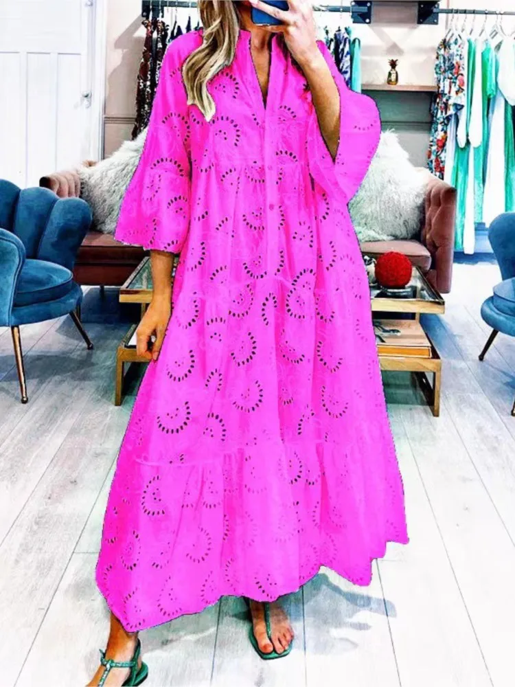 2025 Hollow Outชุดลูกไม้ผู้หญิงฤดูร้อนElegant FlareแขนยาวชุดลําลองหลวมBoho Party Vestidos Para Mujer