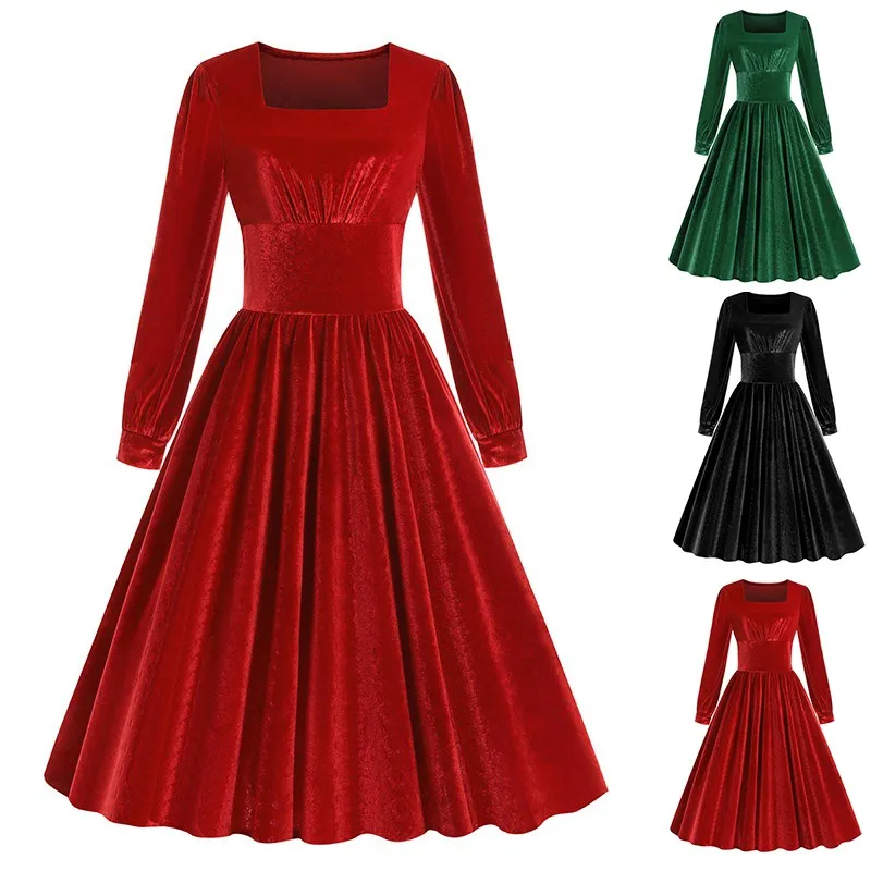 Vintage rotes Samt-Abendkleid 2025, neues Damen-elegantes Kleid mit quadratischem Ausschnitt, hohe Taille, lange Ärmel, Abendkleid, schmale Passform, Vestido