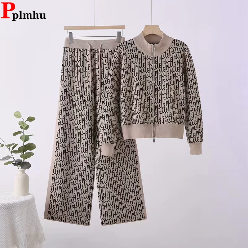 Damskie komplety dzianinowe z nadrukiem, nowe, dwuczęściowe, zapinane na zamek, z dekoltem typu O, sweter z długim rękawem, kardigan, topy, zestawy, spodnie z wysokim stanem.