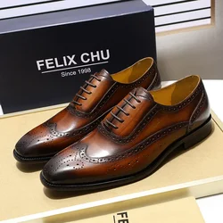 Men's Classic Wing-tip Brogue Style Oxford Dress Shoes Business Genuine Leather Black/Brown Lace-Up Wedding Formal Shoes