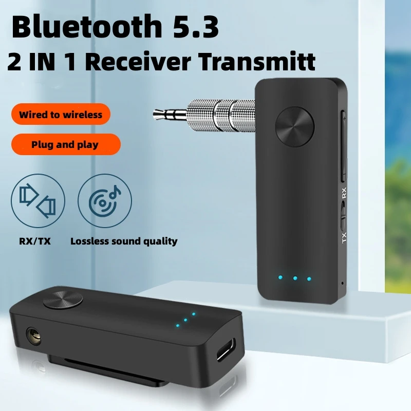 Bluetooth 5.3 AUX Wireless Audio Adapter 2 in 1Receiver Transmitter 3.5mm Jack for Wired Headphones TV Speakers car MP3 Player