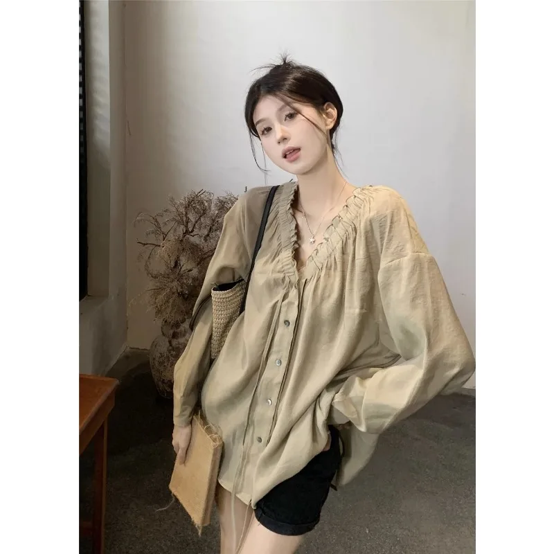 French Ruffled V-neck Shirt for Women Spring and Autumn Buttoned Loose Casual Top