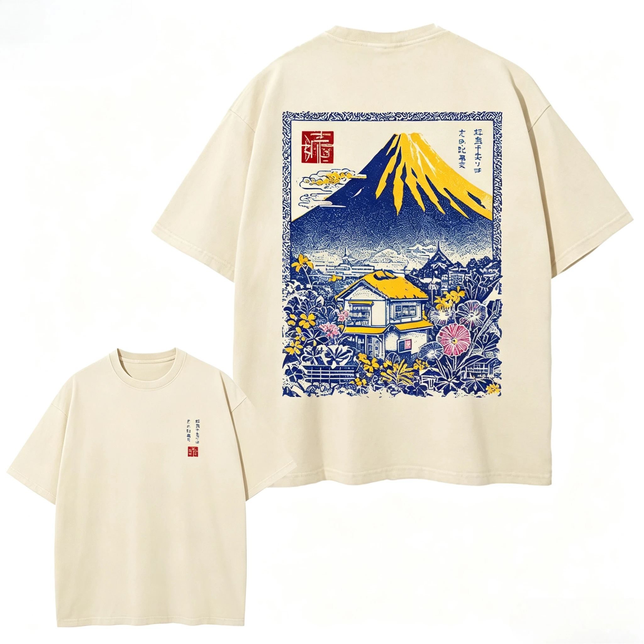 Men Women Cotton Casual Short Sleeve T-Shirt with Japanese Mount Fuji Cherry Blossoms Print Breathable Round Neck Summer Tee Top
