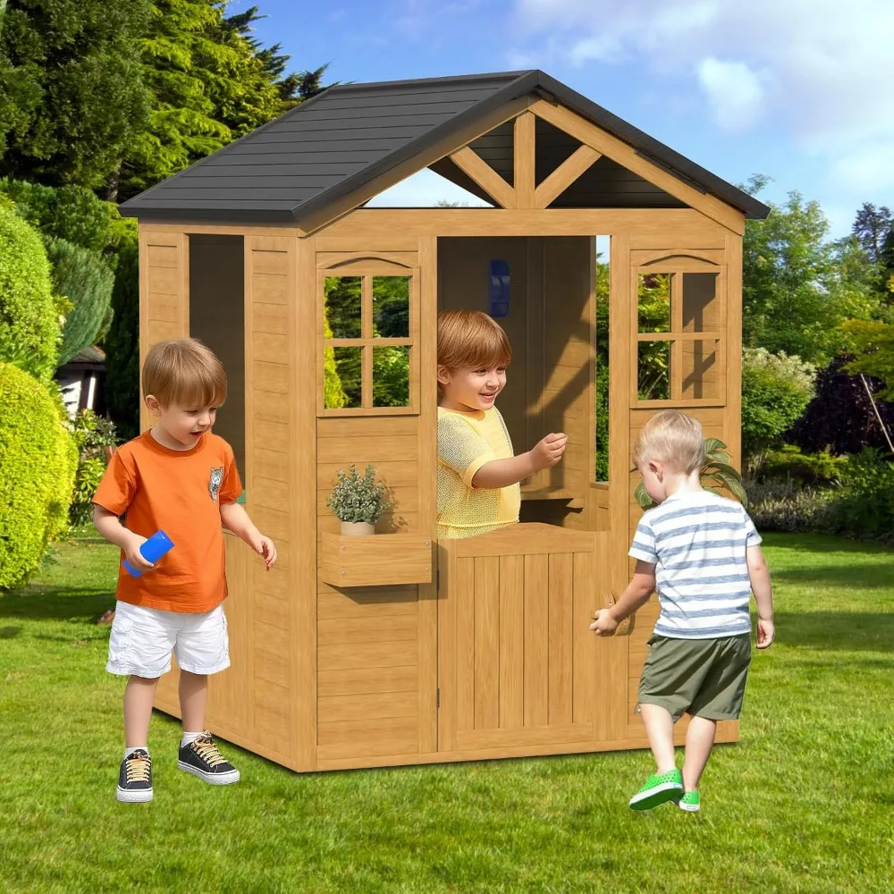

Outdoor Kids Playhouse, Toddler Playhouse Wooden Playhouse for Kids Ages 3-10, with Sink, Stove
