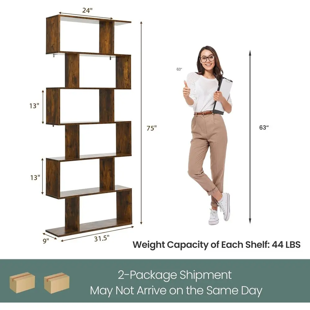6 Tier Geometric Bookcase, Room Divider Book Shel | S-shaped Bookshel, Wood reestanding Display Shelves, 75'' Staggered Bookshel