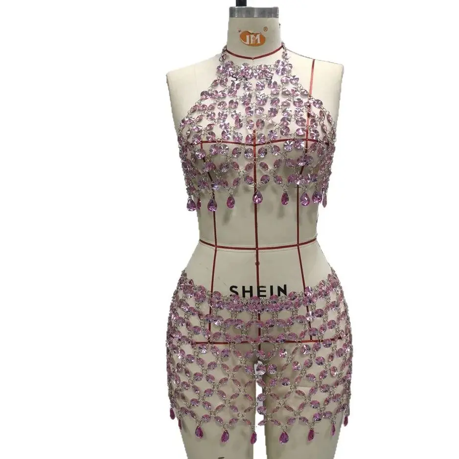 

Мерцающий розовый комплект цепочек для тела с кристаллами, новый сексуальный топ без бретелек на шнуровке в стиле богини, наряд для вечеринки и отпуска с ожерельем