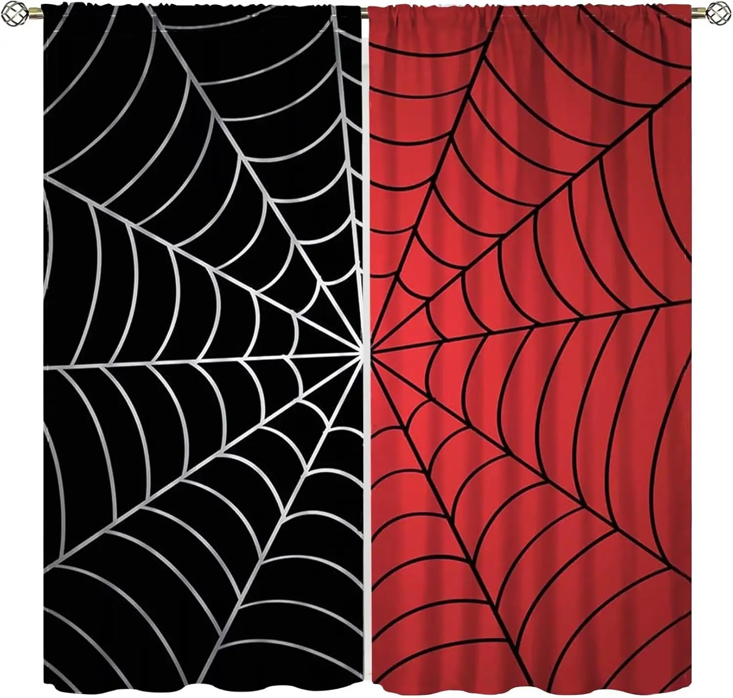 Contrast Cobweb Window Curtains 2 Panels Red Black Two Tone Simple Line Spider Net Light Blocking Curtains Party Room Decor