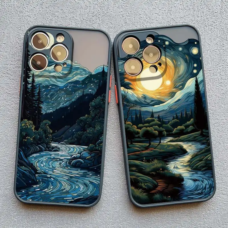 Landscape Mountains Moon Matte Phone Case For iPhone 16 15 11 14 13 12 Pro Max Mini X XR XS 15 14 8 7 Plus Shockproof Back Cover