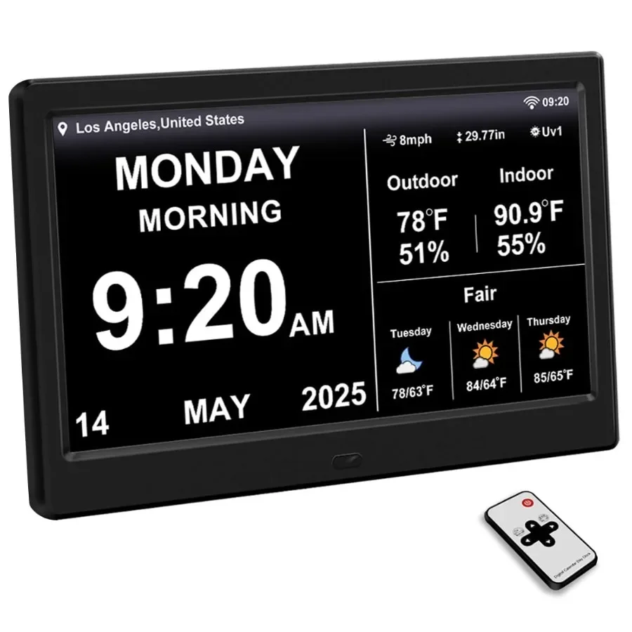 

2025 Новые цифровые часы с прогнозом температуры/влажности и погоды, автоматическая синхронизация времени, большой дисплей, индивидуальные будильники и лекарства