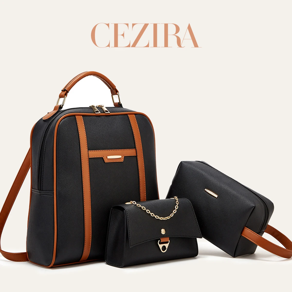 CR Luxury Classic Color Matching PU Leather 3 Pieces Bag Set Backpack Handbag Crossbody Purse For Travel Commute Campus Fashion