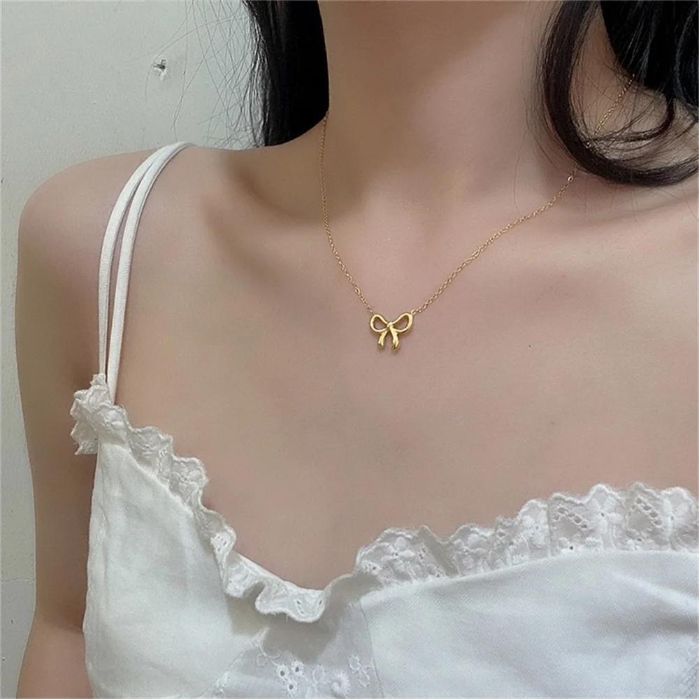 New Punk Tiny Bowknot Pendant For Women Gold Color Stainless Steel Choker Chain Necklace Female Jewelry Christmas Gift