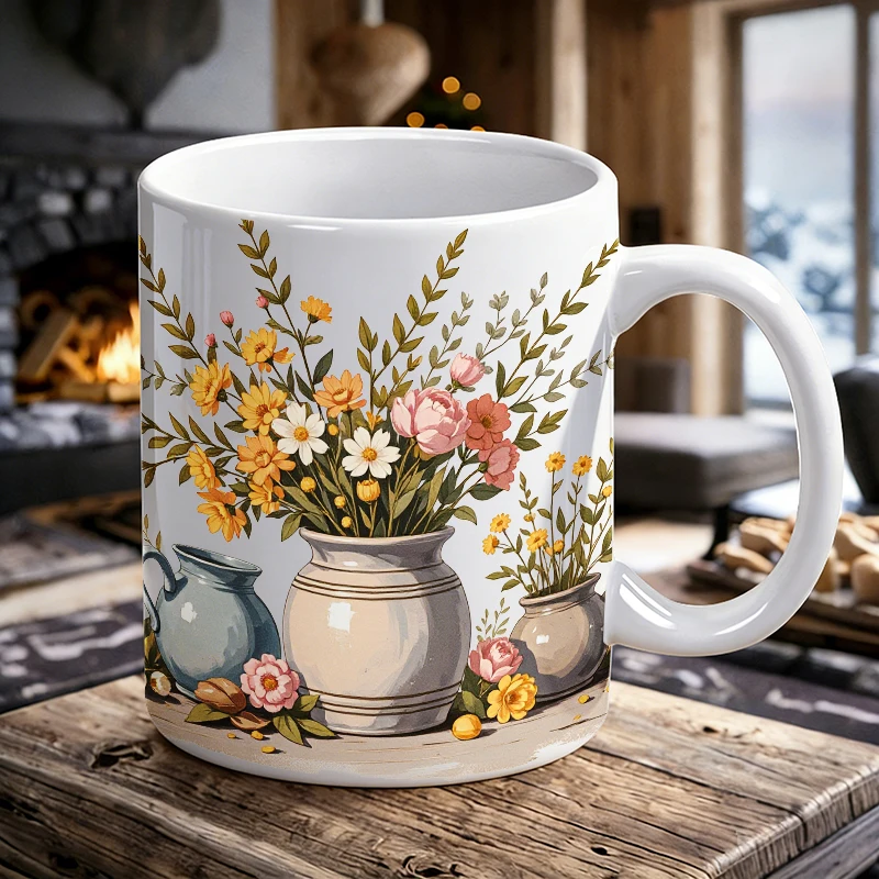 

1PCS Country-style Bouquet Vase Ceramic Cup, Coffee Cup, Milk Cup, Office Tea Cup, Drinking Cup, Fade-Resistant,Gift for Friends