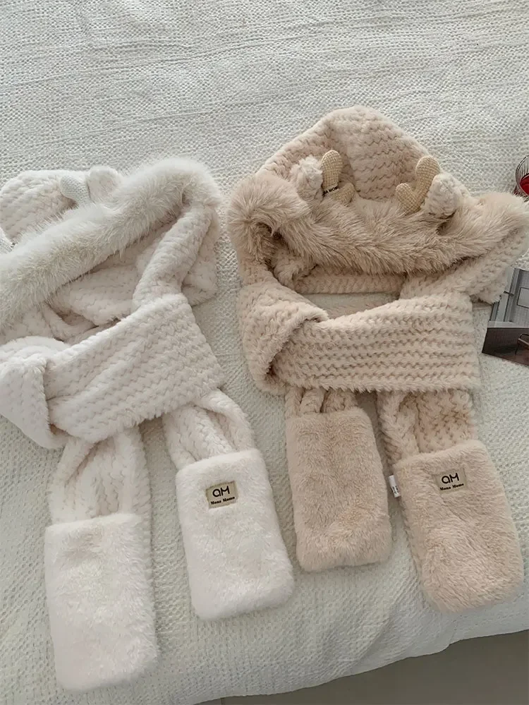 Fashion Elk Antlers Plush Hat Scarf Gloves Women's Winter Ear Protector Thickened Lei Feng Hat Cycling Ski Cap Wind Proof